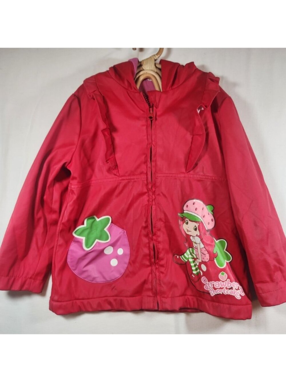 Strawberry‎ Shortcake Girls Red Hooded Rain Jacket Fleece Lined Size 5